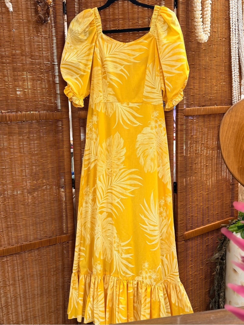 Vintage CC Fashions Yellow Tropical Puff-Sleeve Mu‘u Style Dress